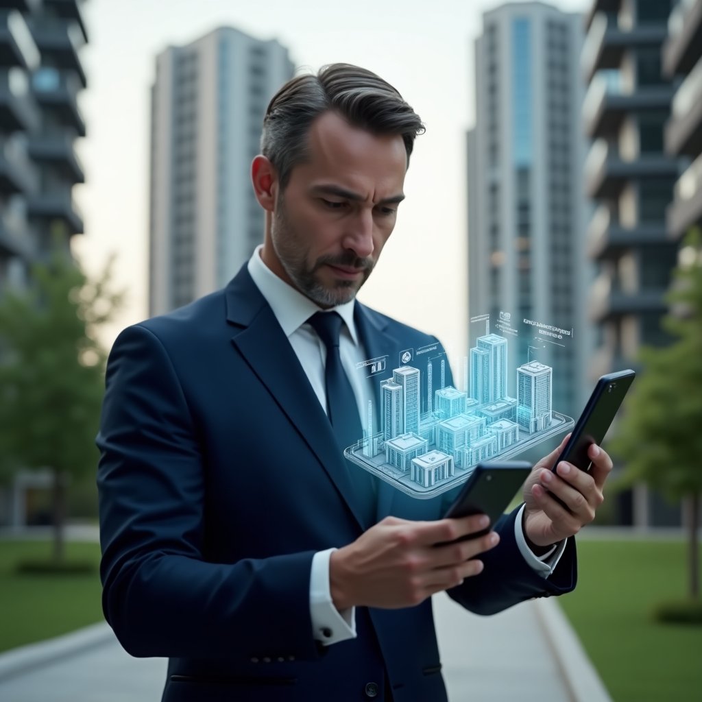 Ultra-realistic condominium manager in a tailored navy blue executive suit, set in a modern luxury condominium environment with high-rise buildings and manicured green landscaping, mid-shot of a confident manager interacting with a holographic smartphone interface displaying **aplicativo para condomínio** icons and real-time building layouts, floating translucent hologram of data charts and maintenance schedules representing **aplicativo de gestão**, cinematic lighting, shallow depth of field, highly detailed textures, realistic skin, photographic realism, 8k resolution --ar 1:1 --v 6