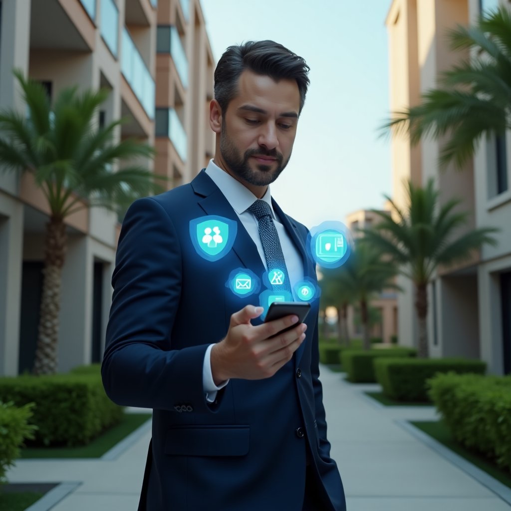 (Ultra-realistic condominium manager in a tailored navy blue suit, set in a modern luxury condominium environment with high-rise buildings and lush green landscaping, confidently holding a smartphone displaying holographic icons of chat bubbles, security shields and calendar bookings floating above the screen, cinematic lighting, shallow depth of field, highly detailed textures, realistic skin, photographic realism, 8k resolution --ar 1:1 --v 6)