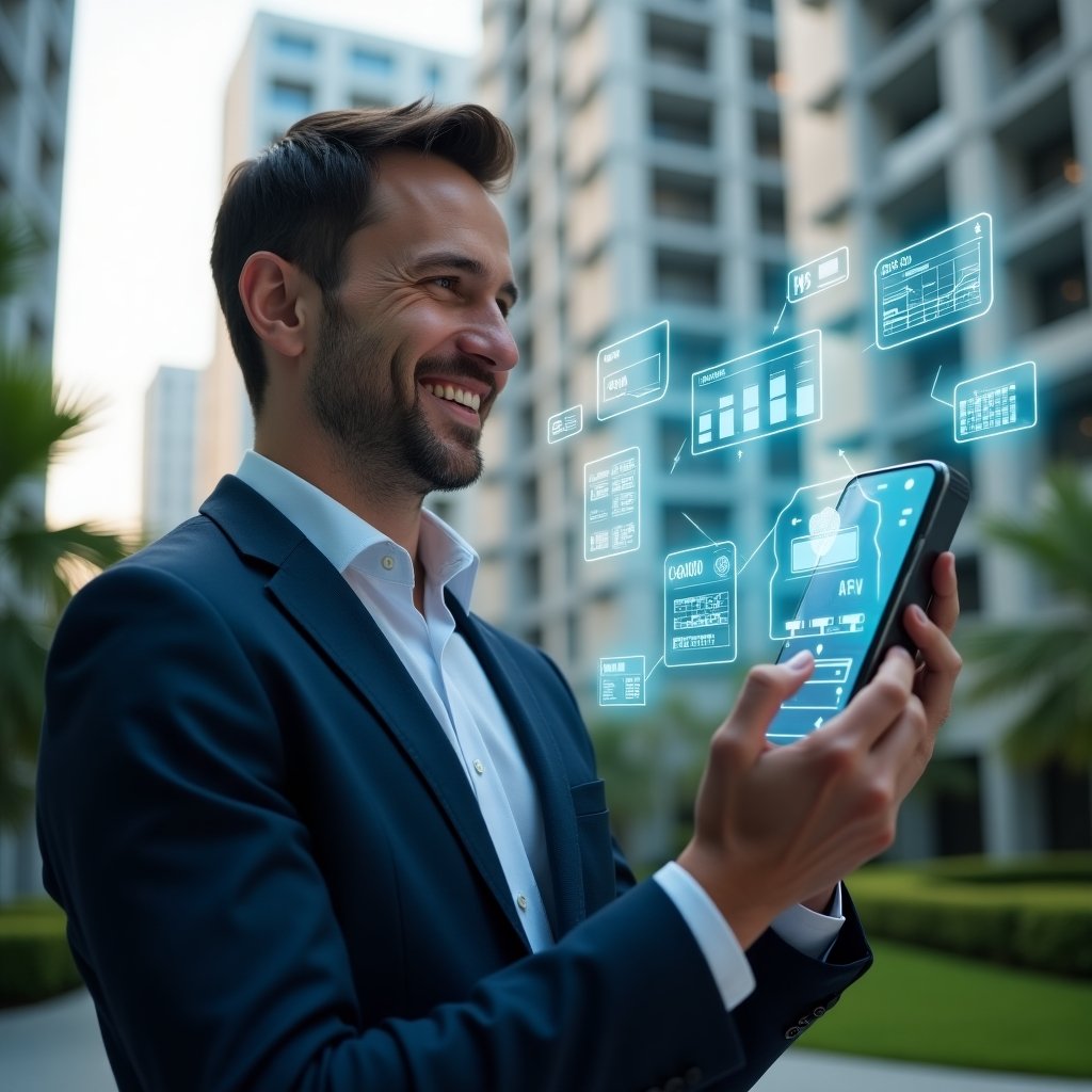 (Ultra-realistic condominium manager in a navy business suit, close-up medium shot in a modern luxury condominium environment with high-rise buildings and manicured green landscaping, holding a smartphone projecting a holographic dashboard with chat bubbles, financial charts, and schedule icons, smiling confidently while analyzing the data, cinematic lighting, shallow depth of field, highly detailed textures, realistic skin, photographic realism, 8k resolution --ar 1:1 --v 6)