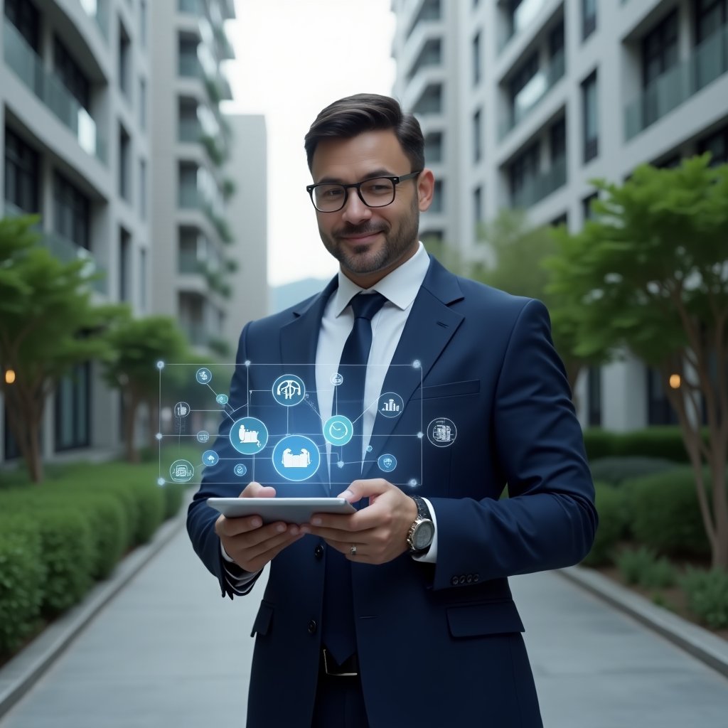 (Ultra-realistic condominium manager in a navy executive suit, set in a modern luxury condominium environment with high-rise buildings and lush green landscaping, confidently holding a digital tablet displaying a holographic condo management app interface, with floating icons for communication, automation, and security, cinematic lighting, shallow depth of field, highly detailed textures, realistic skin, photographic realism, 8k resolution --ar 1:1 --v 6)