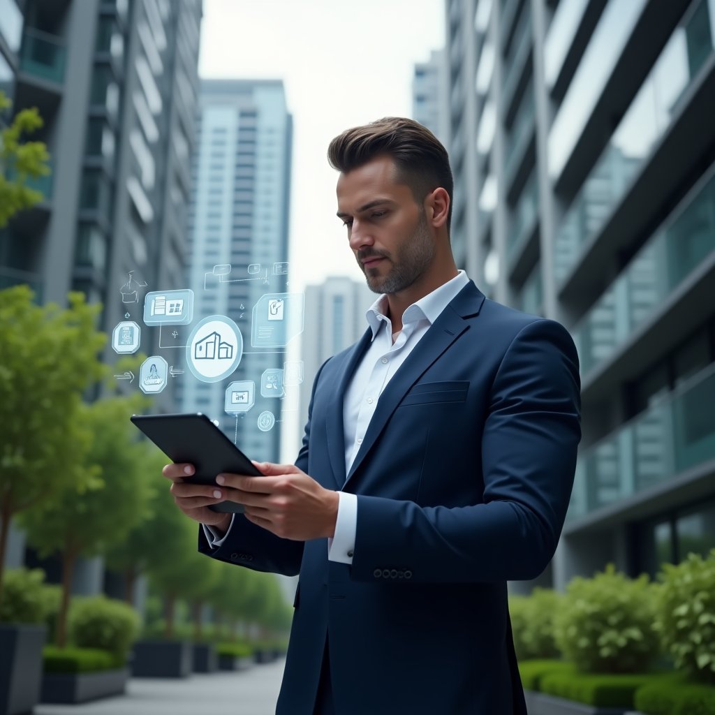 Ultra-realistic building manager in a navy-blue tailored suit, set in a modern luxury condominium environment with high-rise buildings and lush green landscaping, mid shot of a confident property manager interacting with a holographic interface displaying condominium management app icons—financial charts, calendar reservations, message notifications—hovering above a sleek tablet, cinematic lighting, shallow depth of field, highly detailed textures, realistic skin, photographic realism, 8k resolution --ar 1:1 --v 6