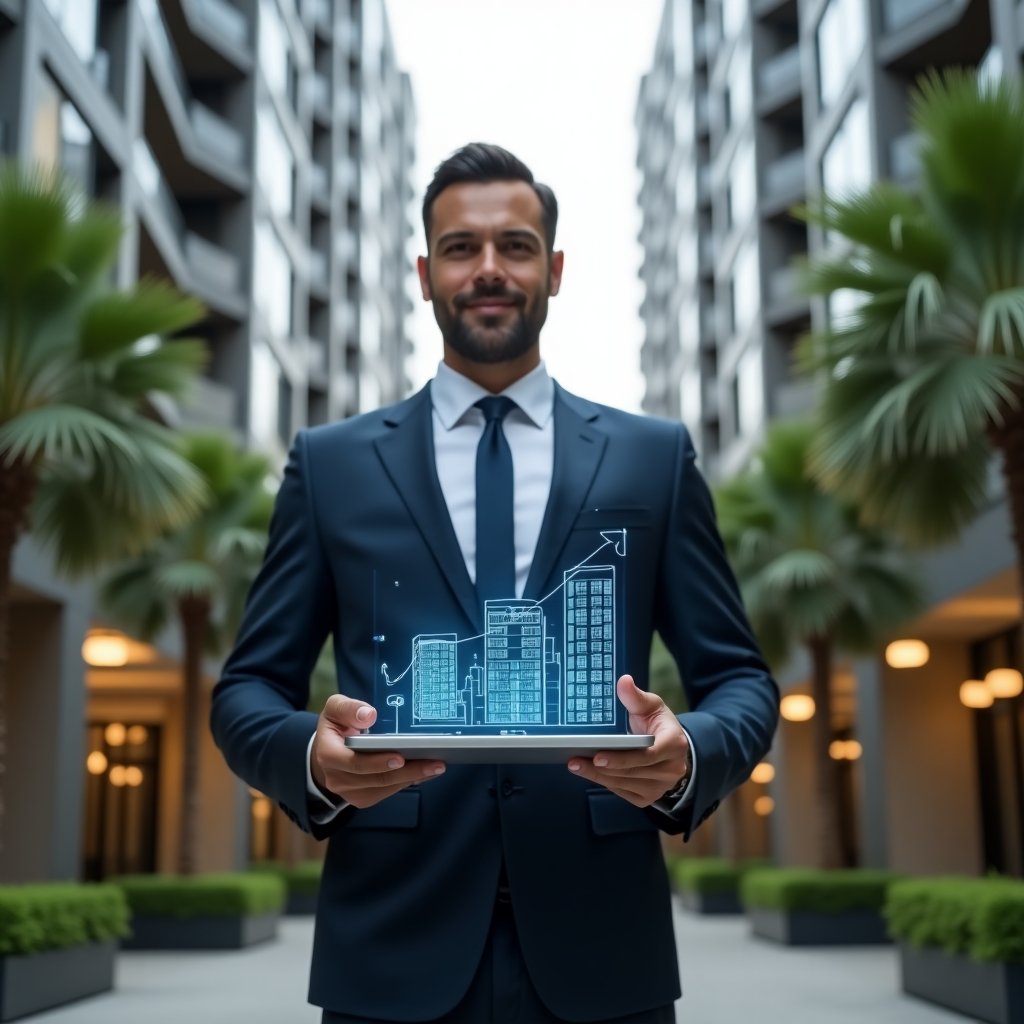 (Ultra-realistic property manager in a crisp navy suit, set in a modern luxury condominium environment with high-rise buildings and meticulously landscaped greenery, standing confidently in a courtyard while holding a tablet displaying holographic apartment icons and rising value charts, symbolizing digital management and optimization, cinematic lighting, shallow depth of field, highly detailed textures, realistic skin, photographic realism, 8k resolution --ar 1:1 --v 6)
