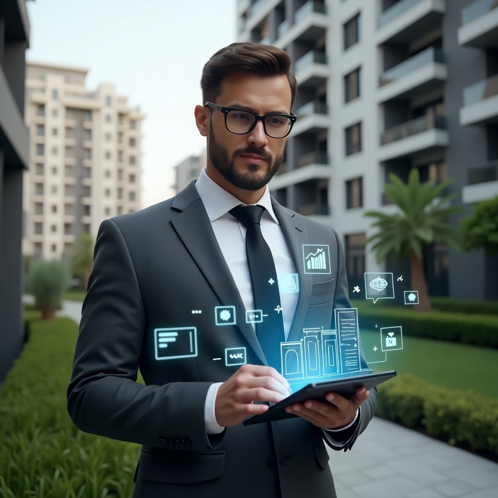 (Ultra-realistic condominium manager in a charcoal gray suit, set in a modern luxury condominium environment with high-rise buildings and manicured green landscaping, holding a tablet displaying a holographic condominium management app interface, confident and focused expression, floating icons of finance charts, chat bubbles and reservation calendar around, cinematic lighting, shallow depth of field, highly detailed textures, realistic skin, photographic realism, 8k resolution --ar 1:1 --v 6)