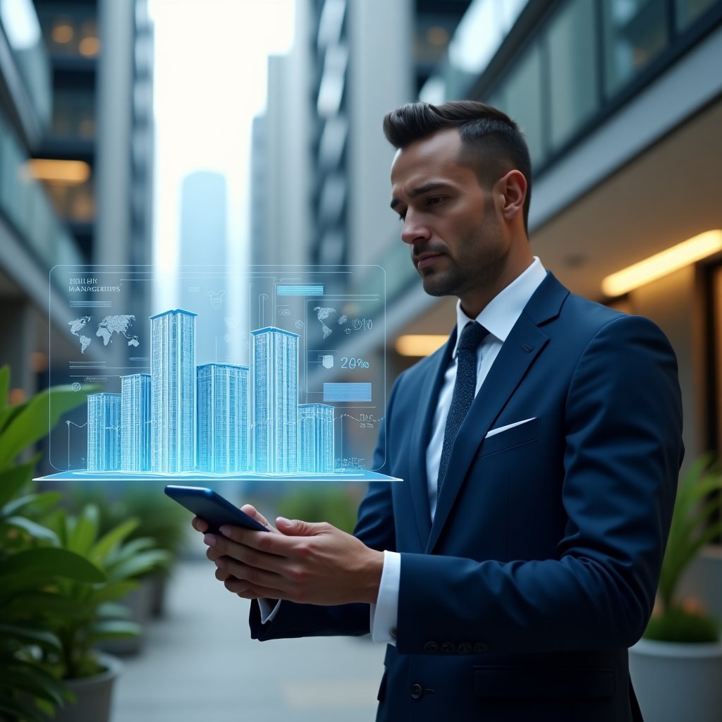 (Ultra-realistic property manager in a navy blue executive suit, set in a modern luxury condominium environment with high-rise buildings and lush green landscaping, confidently analyzing a floating holographic condo management dashboard with building icons and financial graphs, symbolic smartphone interface projected nearby, cinematic lighting, shallow depth of field, highly detailed textures, realistic skin, photographic realism, 8k resolution --ar 1:1 --v 6)