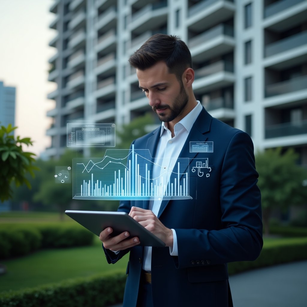 Ultra-realistic condominium manager wearing a navy blue business suit, set in a modern luxury condominium environment with high-rise buildings and lush green landscaping, examining a transparent holographic interface projected from a tablet displaying financial charts and reservation schedules, floating holographic icons of graphs, calendar, and building blueprint around, confident and focused expression, cinematic lighting, shallow depth of field, highly detailed textures, realistic skin, photographic realism, 8k resolution --ar 1:1 --v 6