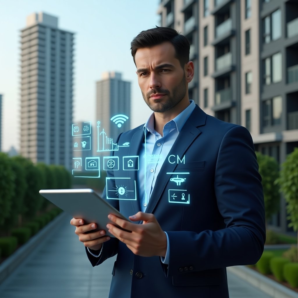 Ultra-realistic condominium manager in a navy blue suit, set in a modern luxury condominium environment with high-rise buildings and lush green landscaping, mid-shot holding a tablet projecting a holographic interface of building automation with IoT sensor icons, security camera symbols and energy usage graphs, confident and focused expression, cinematic lighting, shallow depth of field, highly detailed textures, realistic skin, photographic realism, 8k resolution --ar 1:1 --v 6