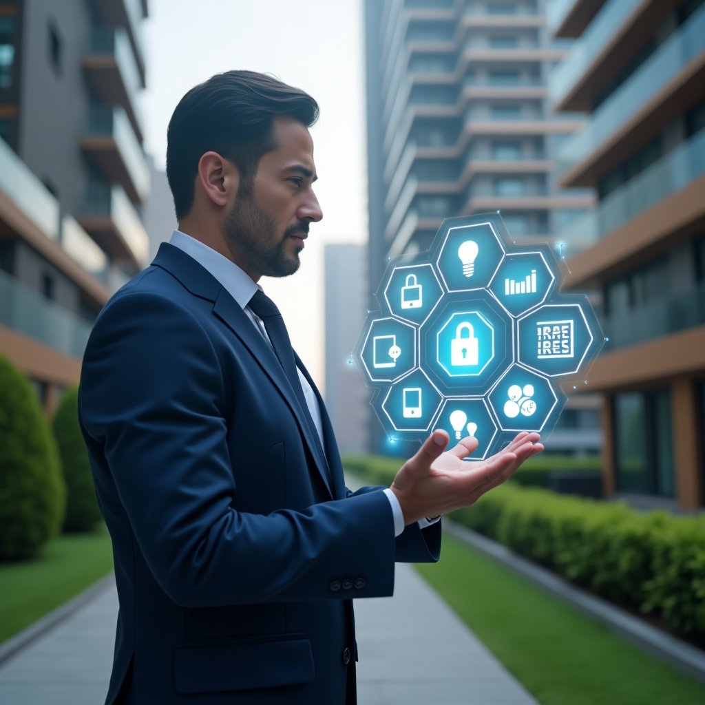 (Ultra-realistic condominium manager in a navy blue executive suit, set in a modern luxury condominium environment with high-rise buildings and manicured green landscaping, interacting with a floating holographic interface projecting building systems like lighting, security, and data analytics, holographic icons of lightbulb, padlock, and bar chart, cinematic lighting, shallow depth of field, highly detailed textures, realistic skin, photographic realism, 8k resolution --ar 1:1 --v 6)
