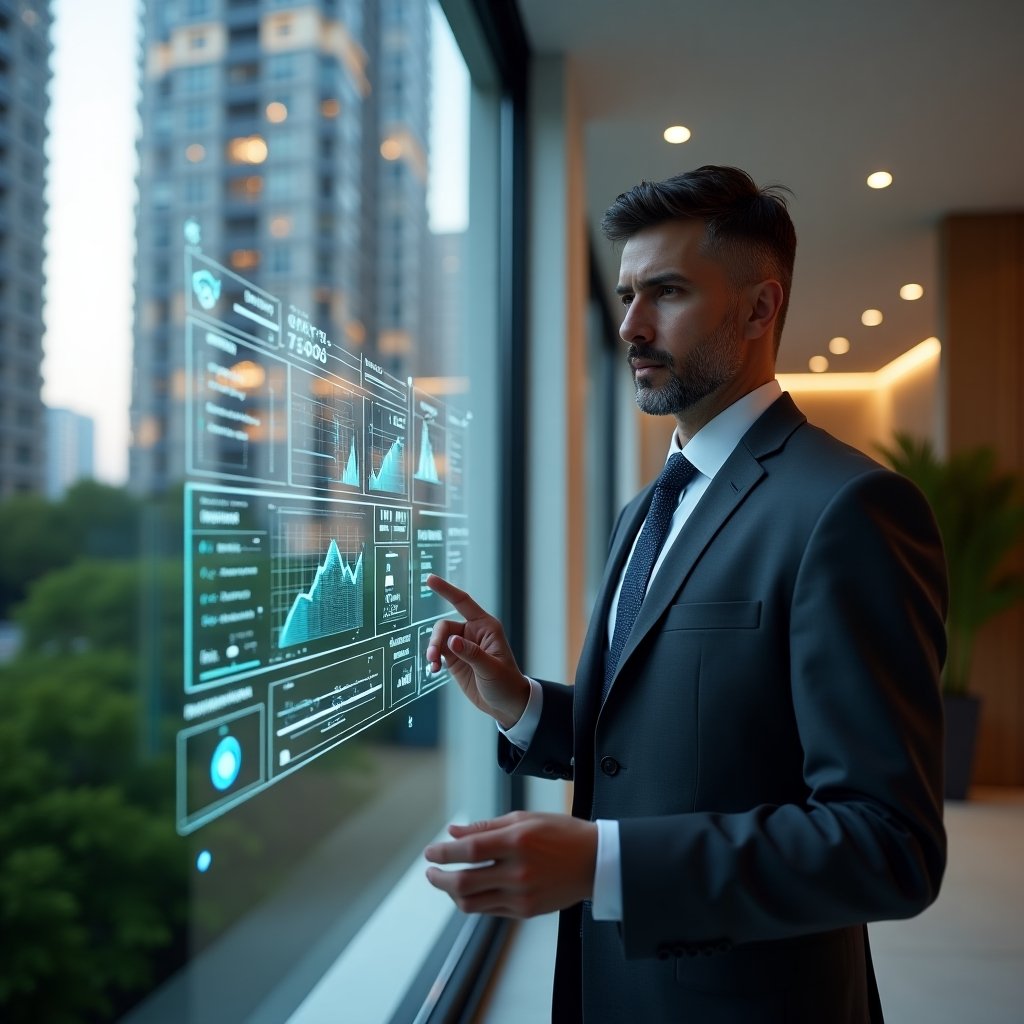 (Ultra-realistic condominium manager in a dark gray executive suit, set in a modern luxury condominium environment with high-rise buildings and lush green landscaping, confidently interacting with a holographic building automation interface displaying energy consumption charts, security camera icons and comfort control sliders, cinematic lighting, shallow depth of field, highly detailed textures, realistic skin, photographic realism, 8k resolution --ar 1:1 --v 6)