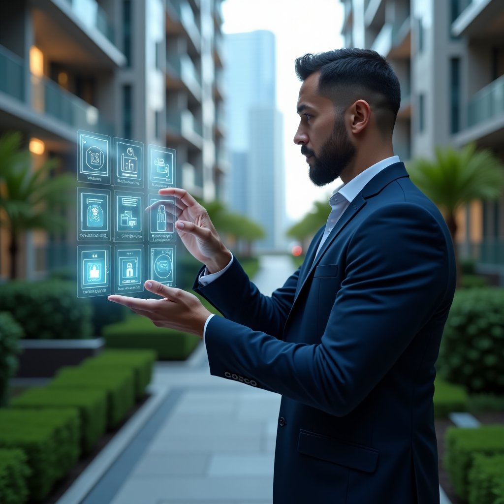 Ultra-realistic condominium manager in a sleek navy-blue suit, set in a modern luxury condominium environment with high-rise buildings and meticulously manicured green spaces, confidently examining a floating holographic interface displaying building automation controls and security icons, futuristic holograms of smart sensors and access panels, inspired and focused expression, cinematic lighting, shallow depth of field, highly detailed textures, realistic skin, photographic realism, 8k resolution --ar 1:1 --v 6