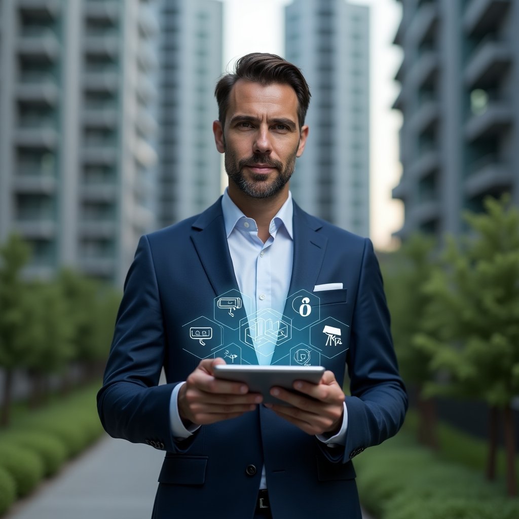 Ultra-realistic condominium manager in a tailored navy suit, set in a modern luxury condominium environment with high-rise buildings and lush green landscaping, holding a futuristic transparent tablet projecting holographic icons of security cameras, climate controls, and energy graphs, confident and visionary expression, cinematic lighting, shallow depth of field, highly detailed textures, realistic skin, photographic realism, 8k resolution --ar 1:1 --v 6