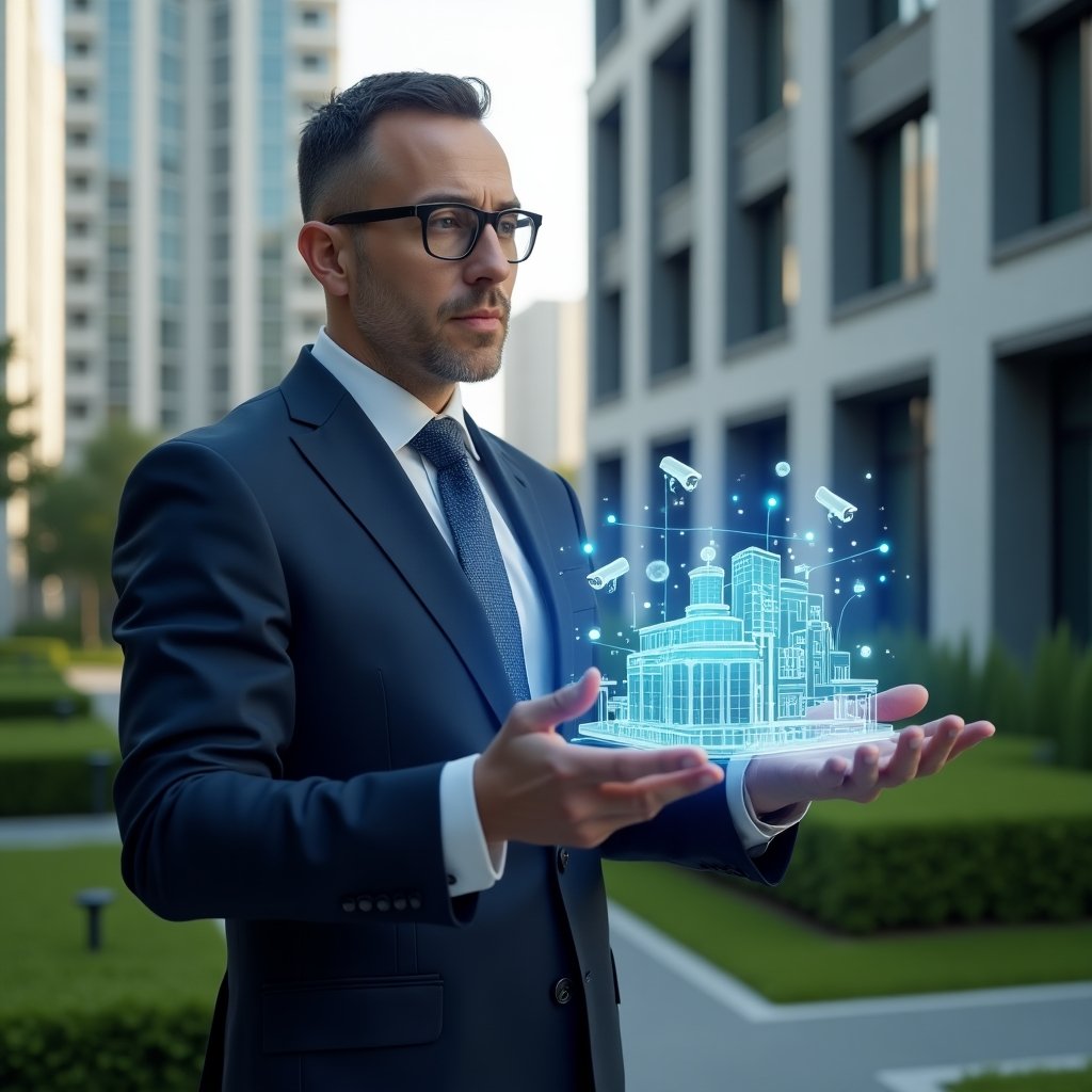 Ultra-realistic condominium manager in a sleek navy blue suit, set in a modern luxury condominium environment with high-rise buildings and manicured green landscaping, confidently holding and analyzing a holographic interface of building automation systems with floating icons of sensors, circuits, and security cameras, cinematic lighting, shallow depth of field, highly detailed textures, realistic skin, photographic realism, 8k resolution --ar 1:1 --v 6