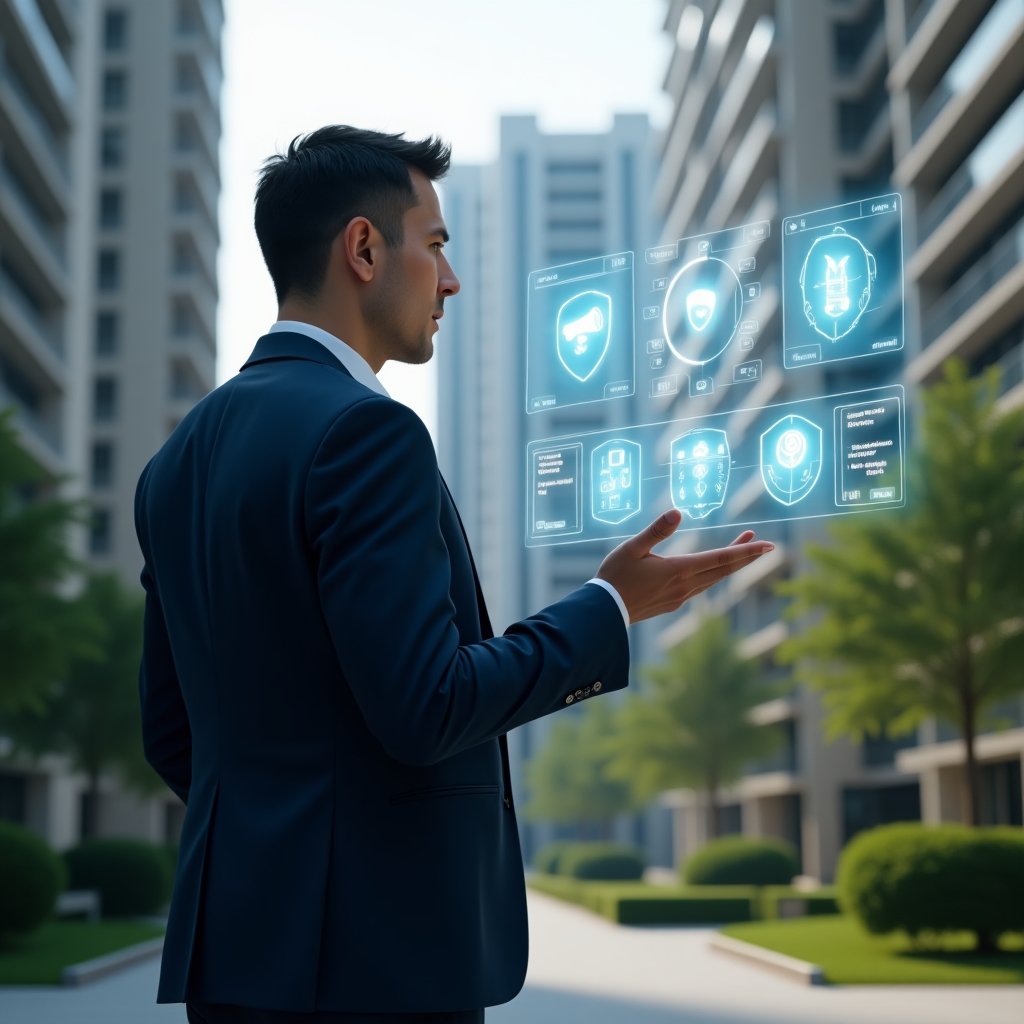 (Ultra-realistic condominium manager in a navy blue suit, standing in a modern luxury condominium environment with high-rise buildings and manicured green landscaping, medium shot, confidently gesturing towards a floating holographic interface showing icons for lighting control, security cameras, and energy analytics, futuristic transparent UI elements, cinematic lighting, shallow depth of field, highly detailed textures, realistic skin, photographic realism, 8k resolution --ar 1:1 --v 6)