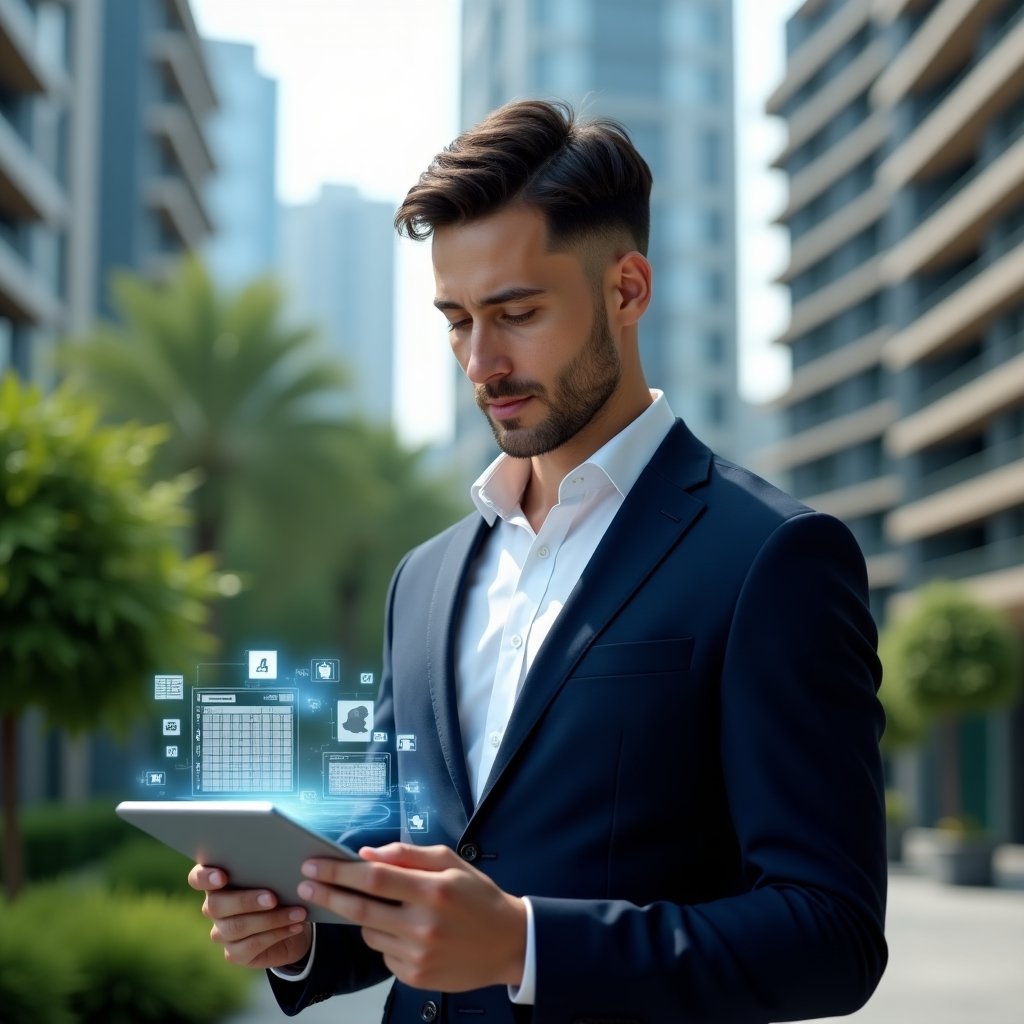 (Ultra-realistic condominium manager in a tailored navy blue suit, set in a modern luxury condominium environment with high-rise buildings and meticulously landscaped greenery, reviewing a digital schedule on a sleek tablet with a holographic calendar grid and floating app icons symbolizing efficient activity planning, confident and focused expression, cinematic lighting, shallow depth of field, highly detailed textures, realistic skin, photographic realism, 8k resolution --ar 1:1 --v 6)