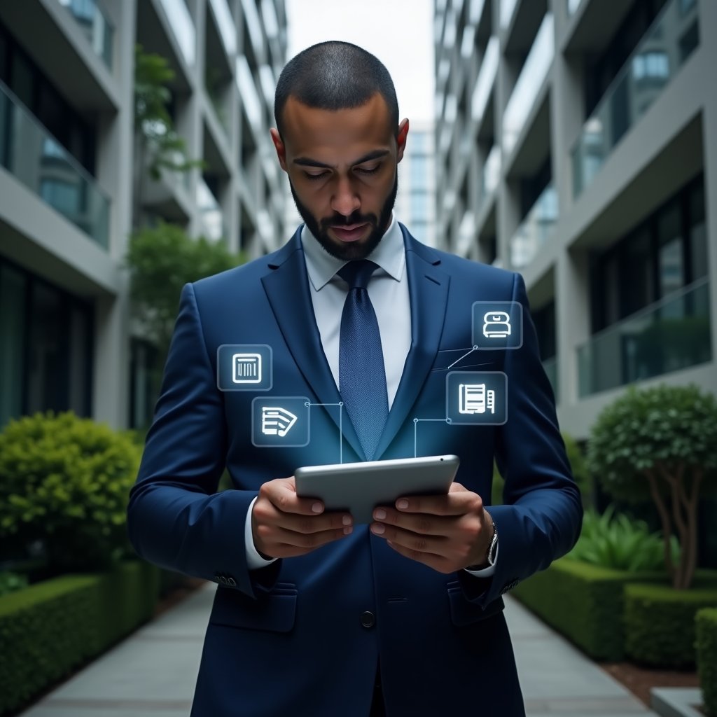 (Ultra-realistic condominium manager in a navy blue suit, set in a modern luxury condominium environment with high-rise buildings and meticulously landscaped greenery, medium shot of a confident professional reviewing a digital checklist on a tablet, surrounded by floating holographic financial graphs and document icons symbolizing transparency and legal compliance, cinematic lighting, shallow depth of field, highly detailed textures, realistic skin, photographic realism, 8k resolution --ar 1:1 --v 6)