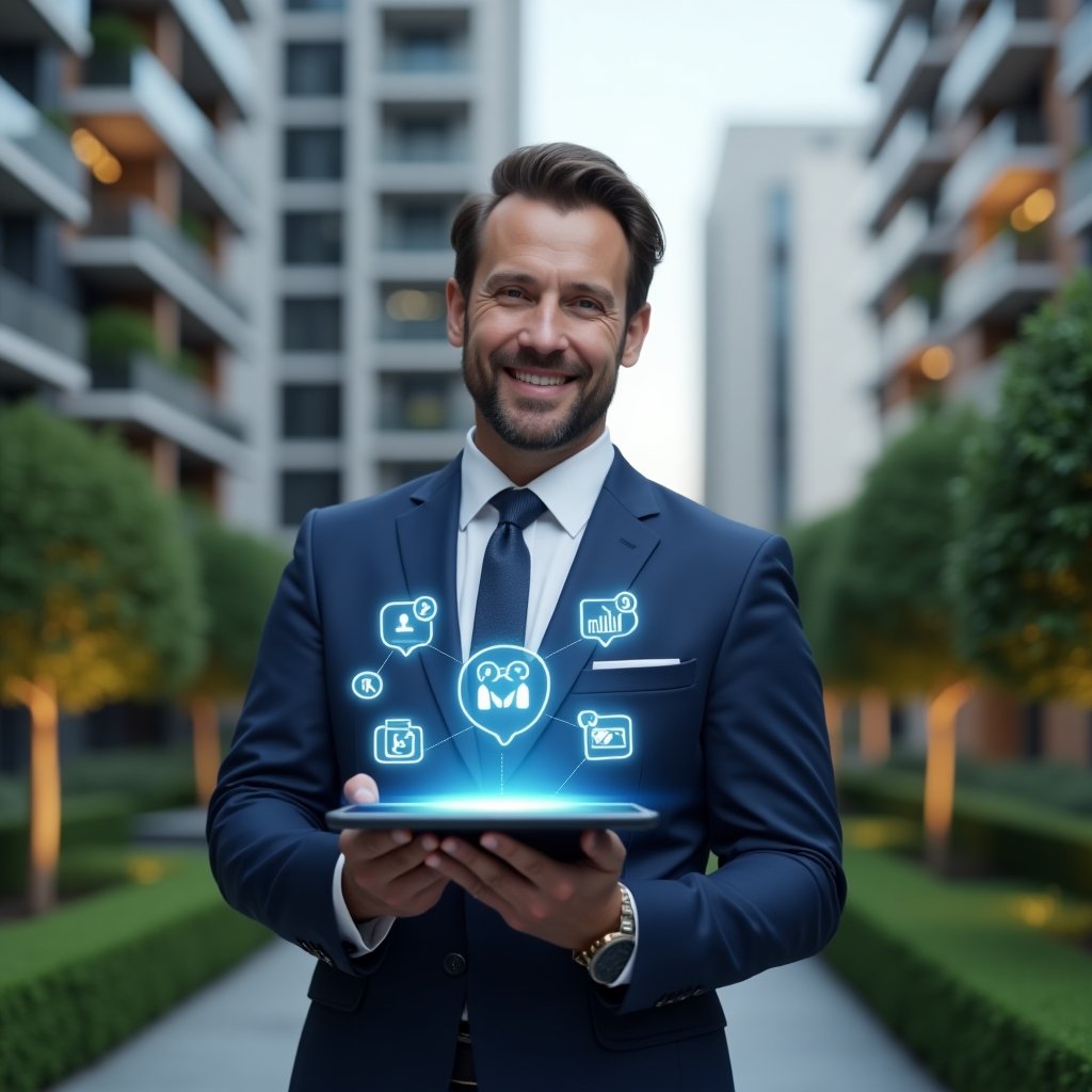 (Ultra-realistic condominium manager in a navy-blue executive suit, set in a modern luxury condominium environment with high-rise buildings and manicured green landscaping, holding a digital tablet displaying floating holographic icons of speech bubbles, handshake and calendar to symbolize communication, respect and organization, smiling confidently, cinematic lighting, shallow depth of field, highly detailed textures, realistic skin, photographic realism, 8k resolution --ar 1:1 --v 6)