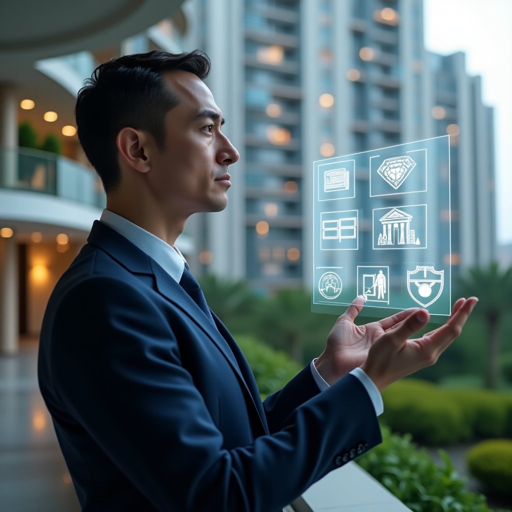 (Ultra-realistic condominium manager in a navy blue executive suit, set in a modern luxury condominium environment with high-rise buildings and meticulously landscaped greenery, analyzing a transparent holographic display with warning icons highlighting communication breakdown, financial errors, maintenance neglect, legal compliance issues and tech underuse, thoughtful and confident expression, cinematic lighting, shallow depth of field, highly detailed textures, realistic skin, photographic realism, 8k resolution --ar 1:1 --v 6)