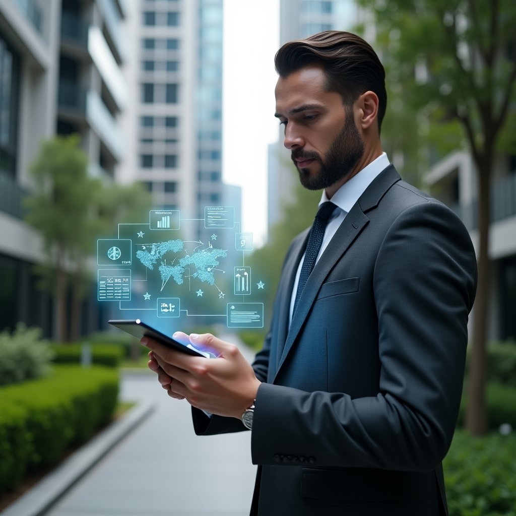 Ultra-realistic condo manager in a tailored charcoal suit, set in a modern luxury condominium environment with high-rise buildings and lush green landscaping, confidently reviewing a holographic digital dashboard on a transparent tablet, with floating icons of financial charts, maintenance schedules, and chat notifications symbolizing streamlined condominium management, cinematic lighting, shallow depth of field, highly detailed textures, realistic skin, photographic realism, 8k resolution --ar 1:1 --v 6