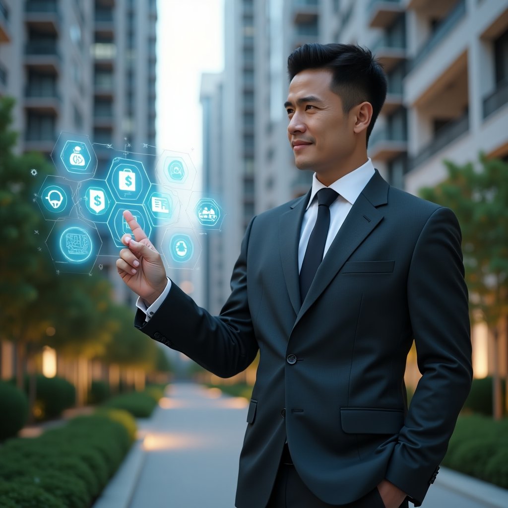 Ultra-realistic condominium manager in a dark gray tailored suit, set in a modern luxury condominium environment with high-rise buildings and manicured green landscaping, confidently pointing at a floating holographic dashboard displaying icons for communication, finance, task management, transparency and real-time reports, cinematic lighting, shallow depth of field, highly detailed textures, realistic skin, photographic realism, 8k resolution --ar 1:1 --v 6