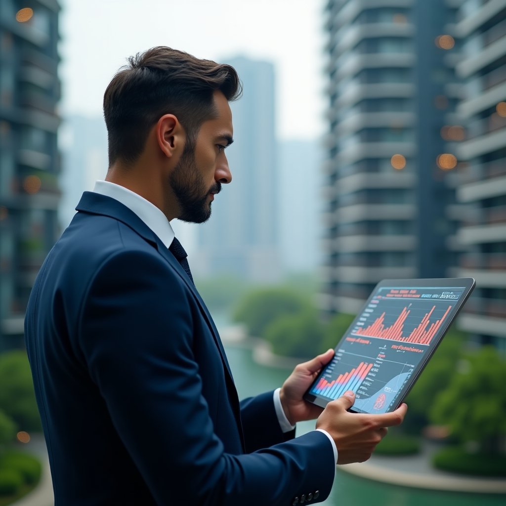 (Ultra-realistic condominium manager in a navy blue suit, set in a modern luxury condominium environment with high-rise buildings and green landscaping, mid-shot close-up of a thoughtful administrator examining a floating holographic dashboard with red alert icons and financial charts, cinematic lighting, shallow depth of field, highly detailed textures, realistic skin, photographic realism, 8k resolution --ar 1:1 --v 6)