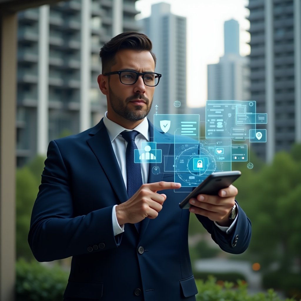 Ultra-realistic condominium manager in a sleek navy business suit, set in a modern luxury condominium environment with high-rise buildings and lush green landscaping, mid-shot of the professional pointing at a holographic management dashboard projected from a smartphone, featuring floating icons of chat bubbles, calendar tasks, security shield and checklists, confident and analytical expression, cinematic lighting, photographic realism, shallow depth of field, highly detailed textures, realistic skin, 8k resolution --ar 1:1 --v 6