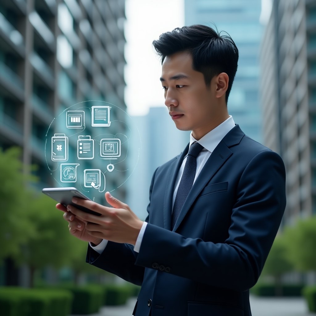 (Ultra-realistic condominium manager in a tailored navy suit, set in a modern luxury condominium environment with high-rise buildings and well-kept green landscaping, examining a futuristic tablet projecting holographic icons of notifications, calendars and maintenance checklists, looking confident and analytical, cinematic lighting, shallow depth of field, highly detailed textures, realistic skin, photographic realism, 8k resolution --ar 1:1 --v 6)