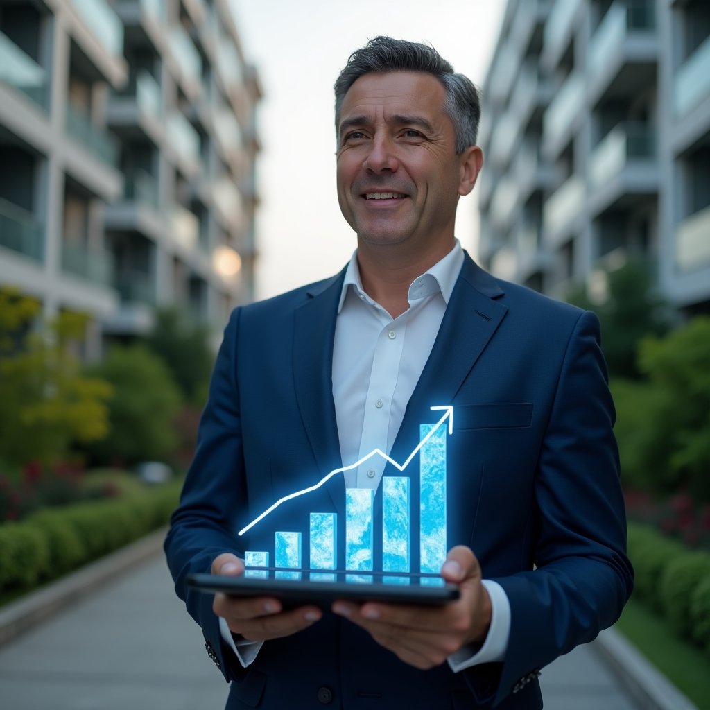 (Ultra-realistic condominium manager in a navy blue suit, set in a modern luxury condominium environment with high-rise buildings and lush green landscaping, holding a tablet displaying a holographic upward-trending bar chart symbolizing property value growth, confident and focused expression, cinematic lighting, shallow depth of field, highly detailed textures, realistic skin, photographic realism, 8k resolution --ar 1:1 --v 6)