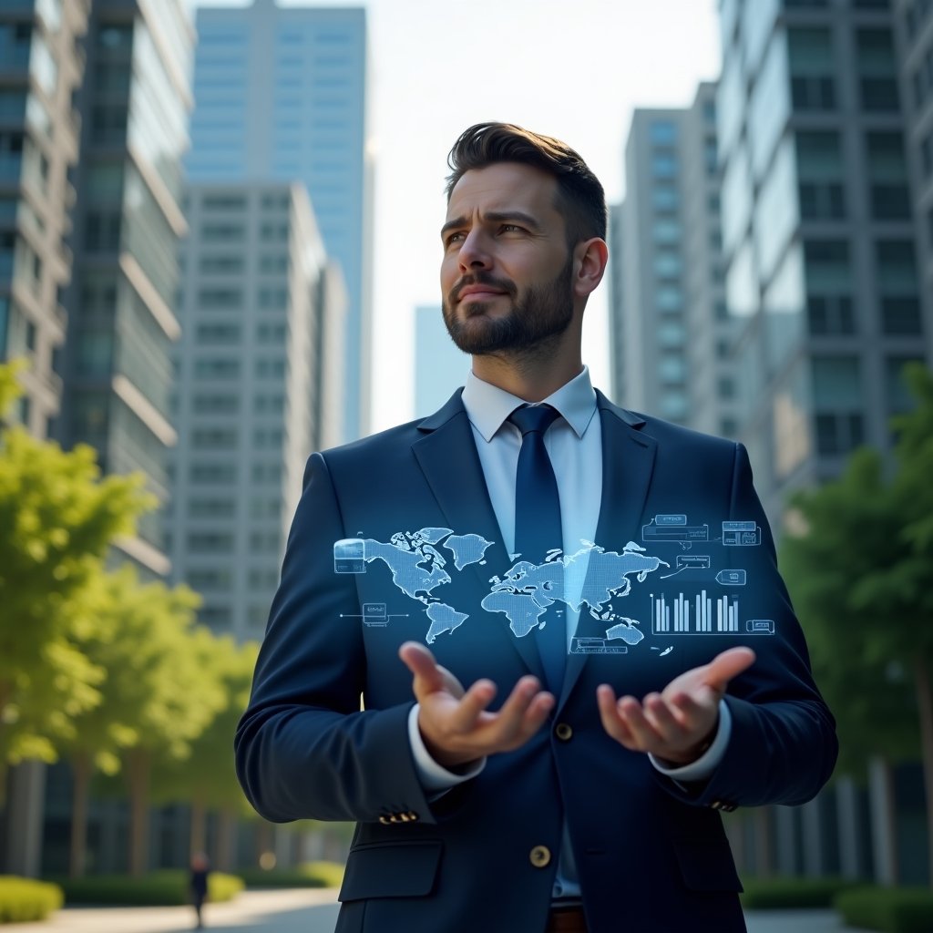 Ultra-realistic condominium manager in a navy blue suit, set in a modern luxury condominium environment with high-rise buildings and lush green landscaping, mid shot of the manager confidently presenting a transparent holographic financial report with floating pie charts and ledger icons, cinematic lighting, shallow depth of field, highly detailed textures, realistic skin, photographic realism, 8k resolution --ar 1:1 --v 6