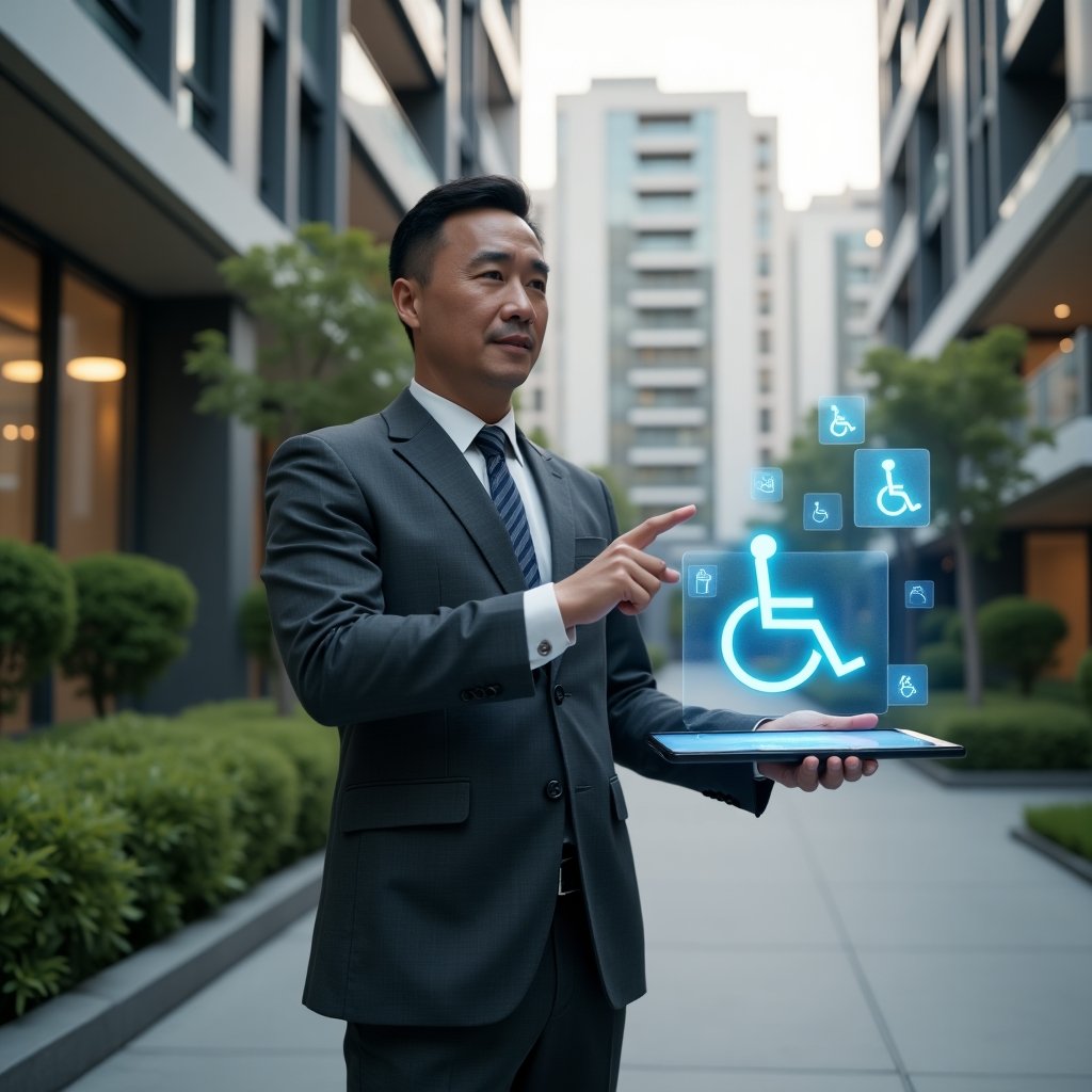 Ultra-realistic condominium manager in a dark gray tailored suit, set in a modern luxury condominium environment with high-rise buildings and green landscaping, confidently pointing at a tablet displaying a holographic wheelchair ramp blueprint, floating accessibility icons (wheelchair symbol, tactile paving) around him, cinematic lighting, shallow depth of field, highly detailed textures, realistic skin, photographic realism, 8k resolution --ar 1:1 --v 6