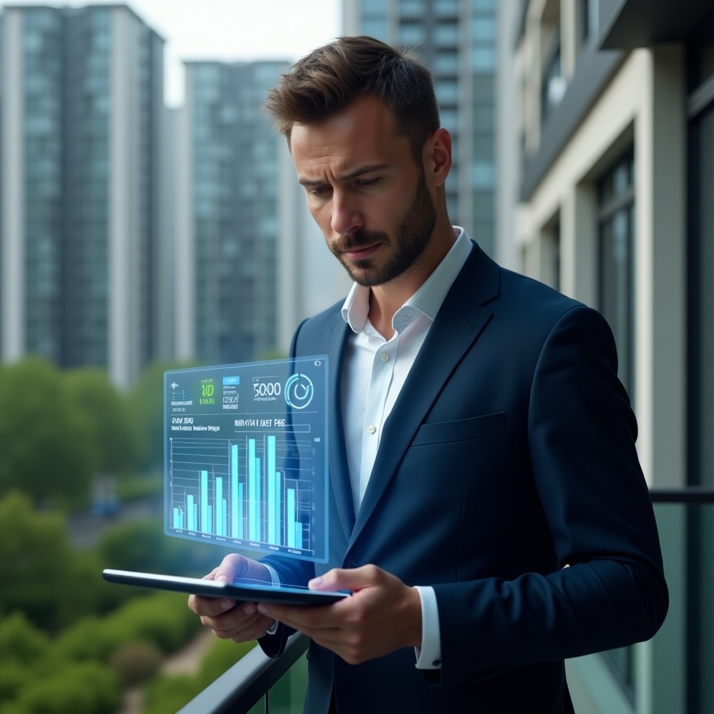 Ultra-realistic condominium manager in a dark blue tailored suit, set in a modern luxury condominium environment with high-rise buildings and green landscaping, analyzing financial reports on a digital tablet with floating holographic charts and graphs, thoughtful and confident expression, cinematic lighting, shallow depth of field, highly detailed textures, realistic skin, photographic realism, 8k resolution --ar 1:1 --v 6