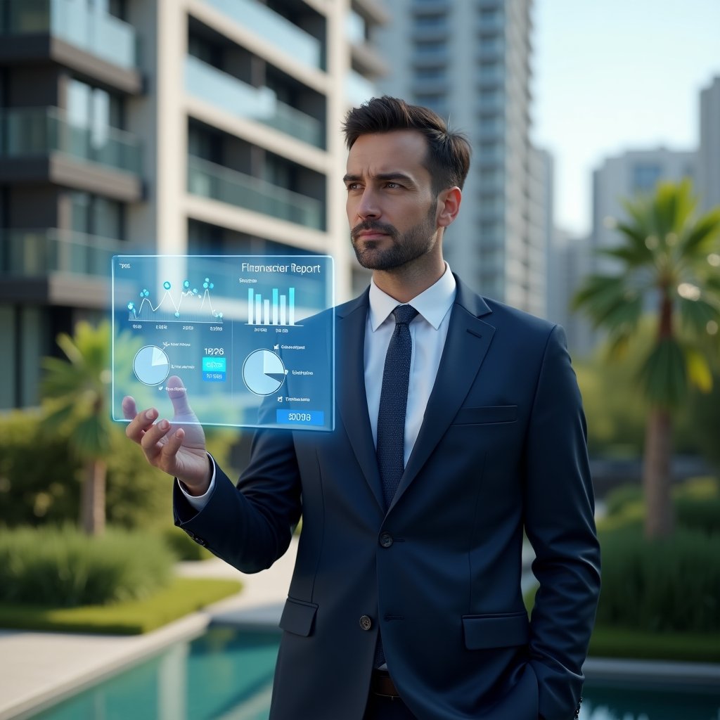 Ultra-realistic property manager in a tailored navy blue suit, set in a modern luxury condominium environment with high-rise buildings and lush green landscaping, mid-shot close-up of the manager confidently presenting a floating transparent holographic financial report, holographic bar charts and pie icons symbolizing income and expenses around them, cinematic lighting, shallow depth of field, highly detailed textures, realistic skin, photographic realism, 8k resolution --ar 1:1 --v 6
