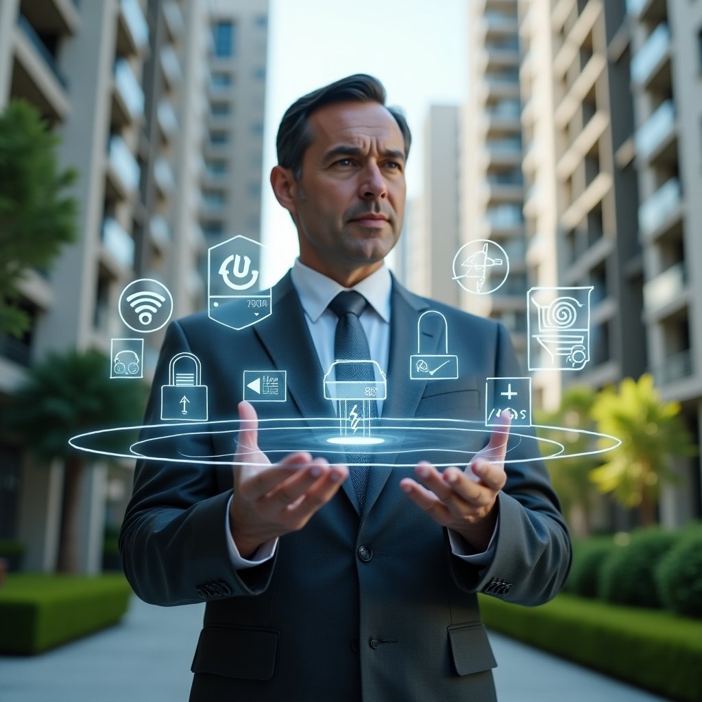(Ultra-realistic condominium manager in a charcoal-gray executive suit, set in a modern luxury condominium environment with high-rise buildings and lush green landscaping, interacting with a floating holographic interface displaying energy consumption graphs and security camera feeds, confident expression, holographic icons of locks and watt-meters orbiting around, cinematic lighting, shallow depth of field, highly detailed textures, realistic skin, photographic realism, 8k resolution --ar 1:1 --v 6)