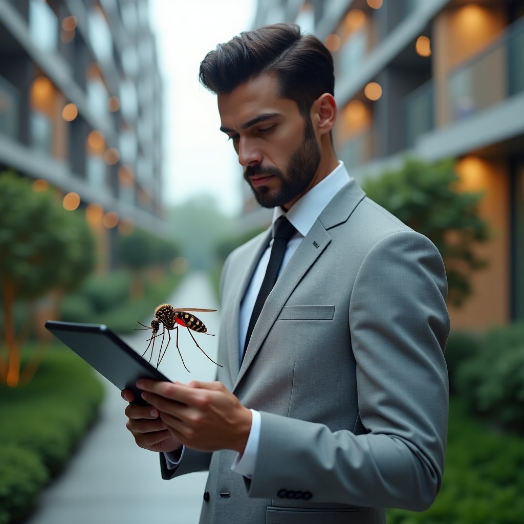 (Ultra-realistic condominium manager in a tailored light gray suit, set in a modern luxury condominium environment with high-rise buildings and lush green landscaping, inspecting a digital tablet displaying a holographic Aedes aegypti mosquito crossed out, determined and focused expression, cinematic lighting, shallow depth of field, highly detailed textures, realistic skin, photographic realism, 8k resolution --ar 1:1 --v 6)
