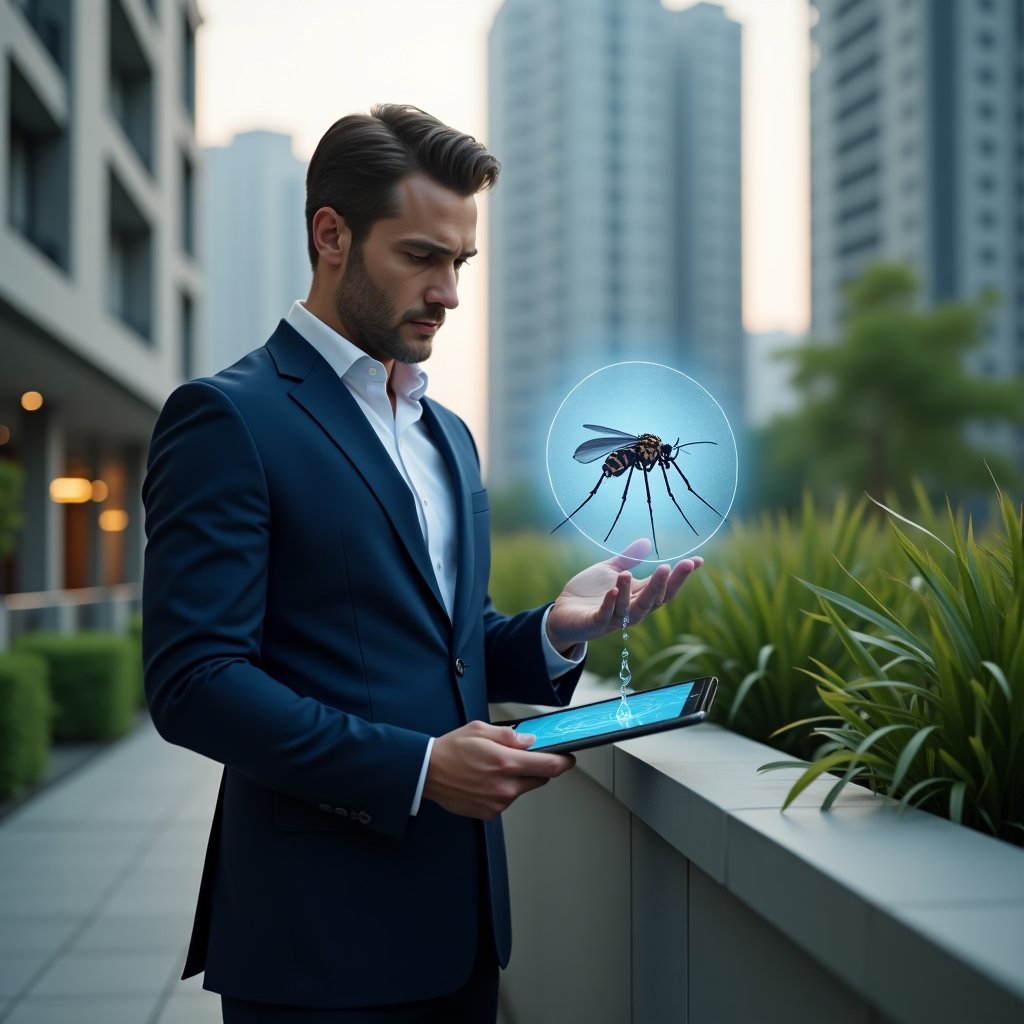(Ultra-realistic condominium manager in a navy blue suit, set in a modern luxury condominium environment with high-rise buildings and green landscaping, inspecting a decorative plant pot for standing water while holding a tablet showing a holographic Aedes aegypti mosquito icon, confident and focused expression, cinematic lighting, shallow depth of field, highly detailed textures, realistic skin, photographic realism, 8k resolution --ar 1:1 --v 6)