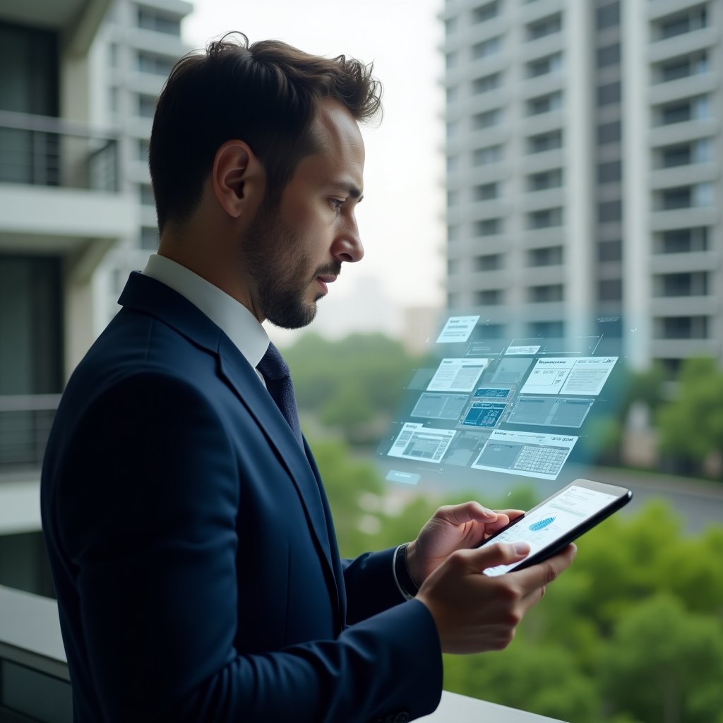 (Ultra-realistic professional condominium manager in a tailored navy suit, set in a modern luxury condominium environment with high-rise buildings and lush green landscaping, analyzing a holographic activity schedule projected from a tablet with floating calendar icons and timeline overlays, confident and focused expression, cinematic lighting, shallow depth of field, highly detailed textures, realistic skin, photographic realism, 8k resolution --ar 1:1 --v 6)