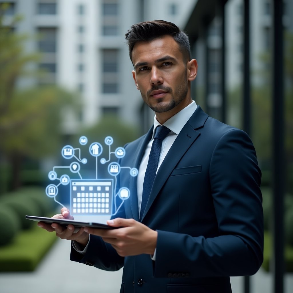 Ultra-realistic condominium manager in a sleek dark blue suit, set in a modern luxury condominium environment with glass façades and manicured gardens, mid-shot of the character holding a tablet projecting a holographic calendar interface with icons for maintenance, cleaning, security, and event planning, confident and focused expression, cinematic lighting, shallow depth of field, highly detailed textures, realistic skin, photographic realism, 8k resolution --ar 1:1 --v 6