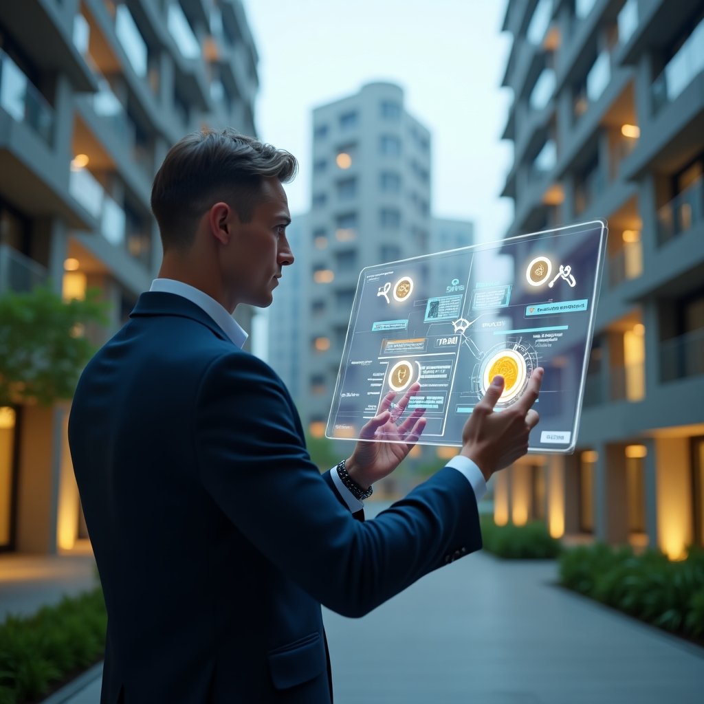 Ultra-realistic condominium manager in a tailored navy-blue suit, set in a modern luxury condominium environment with high-rise buildings and lush green landscaping, medium shot of a focused professional analyzing a holographic split-screen chart comparing ordinary vs extraordinary expenses, glowing icons of coins and repair tools floating around the chart, cinematic lighting, shallow depth of field, highly detailed textures, realistic skin, photographic realism, 8k resolution --ar 1:1 --v 6