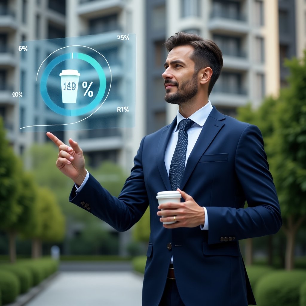 Ultra-realistic condominium manager in a navy blue executive suit, set in a modern luxury condominium environment with high-rise buildings and lush green landscaping, holding a coffee cup in one hand and pointing at a floating holographic chart showing a 30% cost reduction, holographic icons of a coffee cup and percentage sign, confident and thoughtful expression, cinematic lighting, shallow depth of field, highly detailed textures, realistic skin, photographic realism, 8k resolution --ar 1:1 --v 6