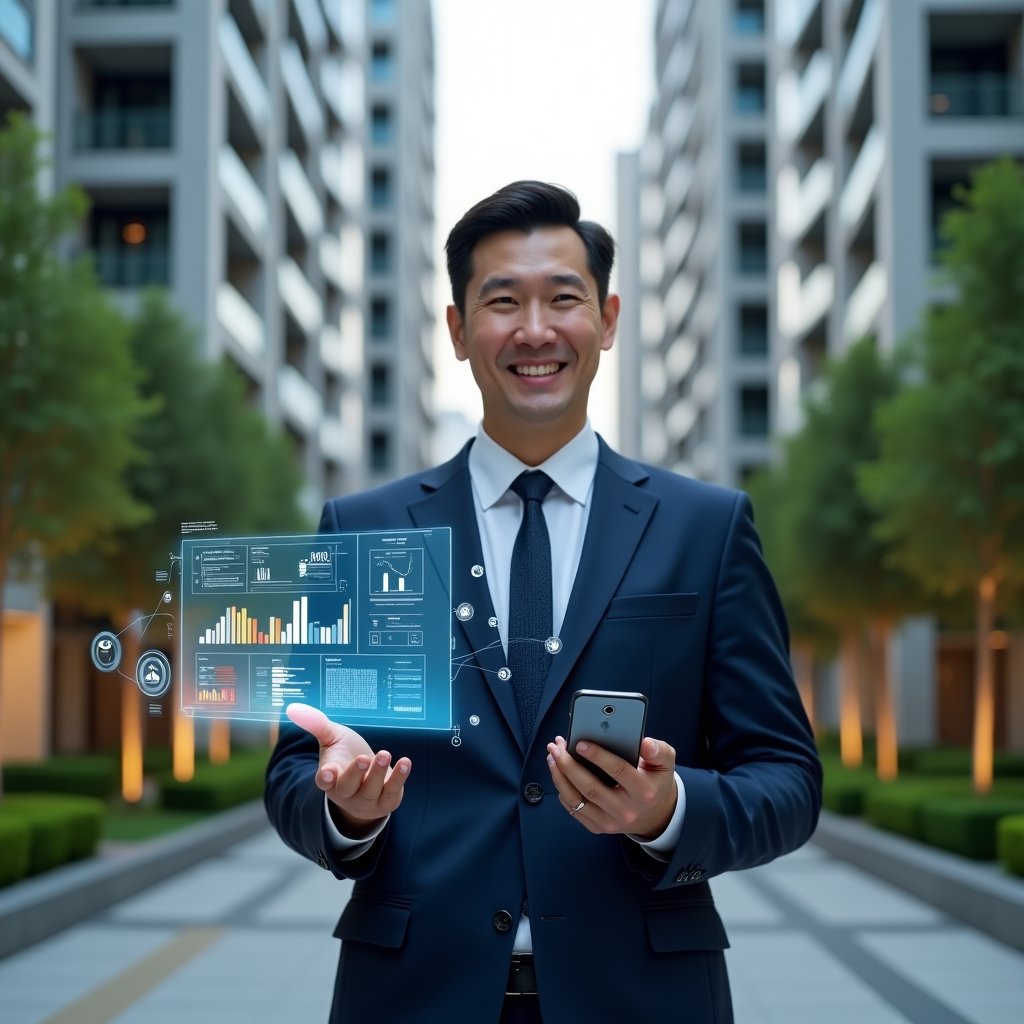 (Ultra-realistic condominium manager in a navy-blue tailored suit, set in a modern luxury condominium environment with high-rise buildings and manicured green landscaping, medium shot of the manager presenting a transparent holographic financial report with colorful charts and graphs, confident and approachable expression, floating data icons and a smartphone screen showing an intuitive condominium management app, cinematic lighting, shallow depth of field, highly detailed textures, realistic skin, photographic realism, 8k resolution --ar 1:1 --v 6)