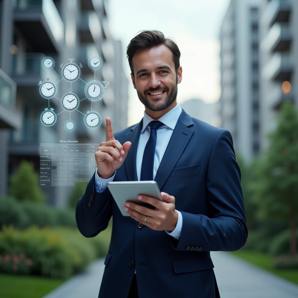 (Ultra-realistic condominium manager in a navy blue executive suit, set in a modern luxury condominium environment with high-rise buildings and green landscaping, holding a tablet and pointing at a holographic activity schedule calendar, surrounded by floating icons of clocks and check marks to symbolize task planning and execution, confident and focused expression, cinematic lighting, shallow depth of field, highly detailed textures, realistic skin, photographic realism, 8k resolution --ar 1:1 --v 6)