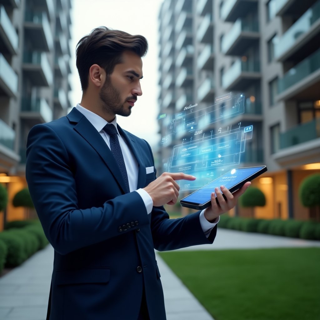 (Ultra-realistic condominium manager in a navy blue suit, set in a modern luxury condominium environment with high-rise buildings and manicured green landscaping, mid shot holding a digital tablet displaying a holographic annual timeline and confidently pointing at the schedule, with floating calendar icons and timeline overlays, cinematic lighting, shallow depth of field, highly detailed textures, realistic skin, photographic realism, 8k resolution --ar 1:1 --v 6)