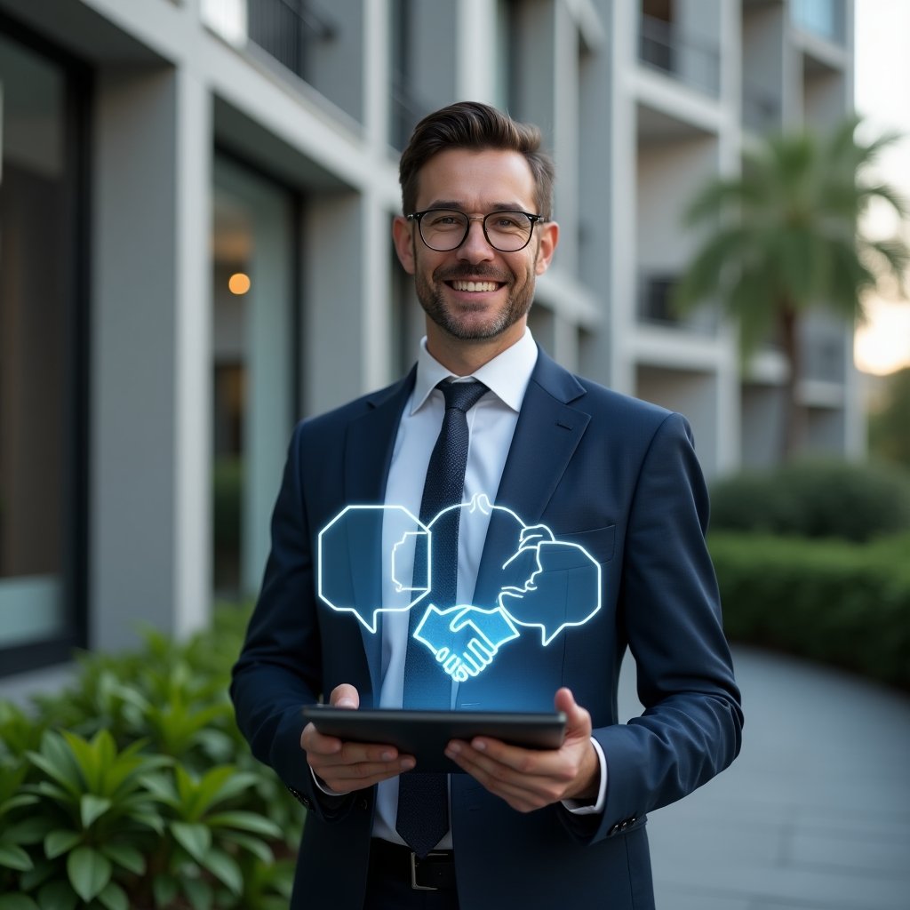 Ultra-realistic condominium manager in a tailored navy blue suit, set in a modern luxury condominium environment with high-rise buildings and lush green landscaping, holding a tablet displaying holographic dialogue bubbles and handshake icons representing harmonious community, gesturing confidently with a welcoming smile, cinematic lighting, shallow depth of field, highly detailed textures, realistic skin, photographic realism, 8k resolution --ar 1:1 --v 6