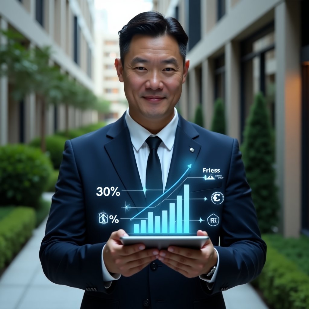 (Ultra-realistic condominium manager in a tailored navy blue suit, set in a modern luxury condominium environment with high-rise buildings and lush green landscaping, holding a tablet displaying a holographic bar chart showing a 30% expense reduction trend, floating coin and checklist icons around the device, medium close-up shot, confident and focused expression, cinematic lighting, shallow depth of field, highly detailed textures, realistic skin, photographic realism, 8k resolution --ar 1:1 --v 6)
