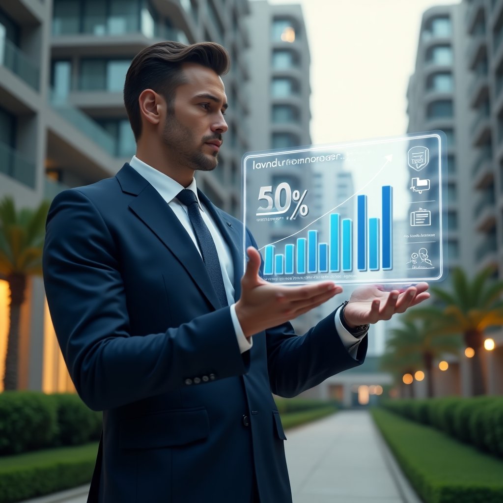 Ultra-realistic condominium manager in a tailored navy suit, set in a modern luxury condominium environment with high-rise buildings and manicured greenery, mid-shot close-up of the manager confidently interacting with a floating holographic financial dashboard showing a 30% cost reduction bar chart alongside app icons and benefit symbols, cinematic lighting, shallow depth of field, highly detailed textures, realistic skin, photographic realism, 8k resolution --ar 1:1 --v 6