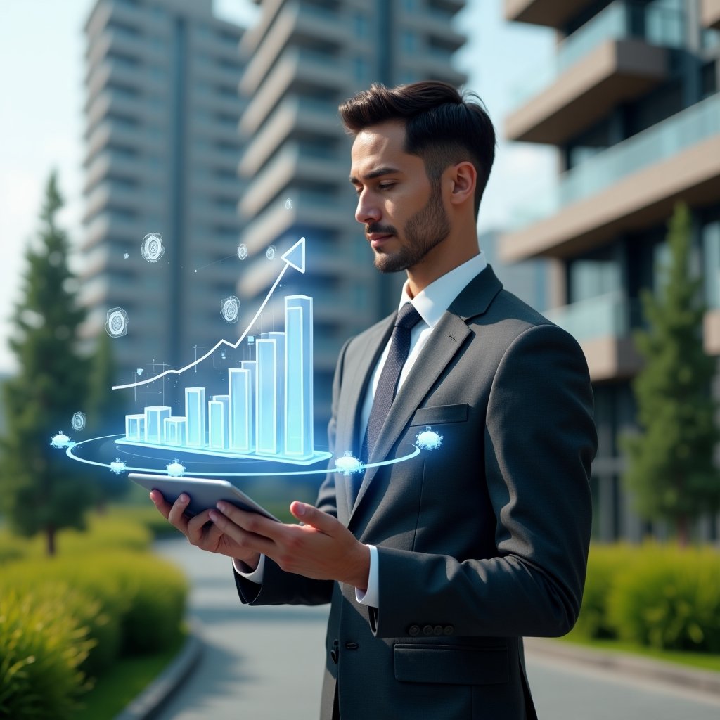 Ultra-realistic condominium manager in a charcoal gray business suit, set in a modern luxury condominium environment with high-rise buildings and manicured green landscaping, examining a floating holographic bar graph showing a 30% cost reduction while holding a digital tablet, holographic icons of coins and gears orbiting around, confident and focused expression, cinematic lighting, shallow depth of field, highly detailed textures, realistic skin, photographic realism, 8k resolution --ar 1:1 --v 6