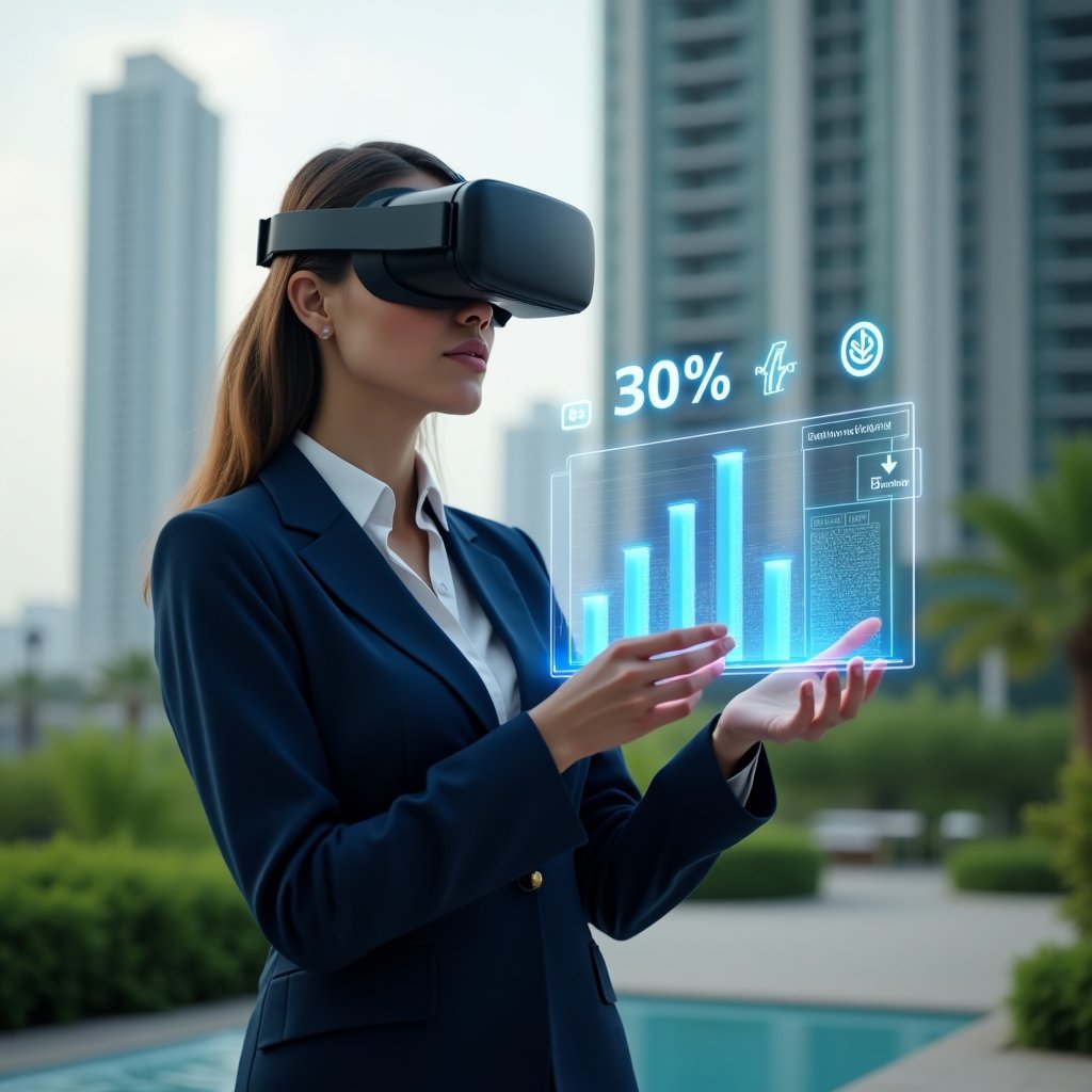 (Ultra-realistic condominium manager in a navy blue executive suit, set in a modern luxury condominium environment with high-rise buildings and lush green landscaping, medium shot of a confident professional analyzing a floating holographic bar graph illustrating a 30% expense reduction, digital icons of contract negotiation and energy-saving overlaid around her, cinematic lighting, shallow depth of field, highly detailed textures, realistic skin, photographic realism, 8k resolution --ar 1:1 --v 6)