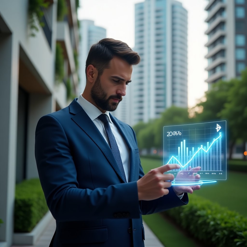 (Ultra-realistic condominium manager in a navy-blue executive suit, set in a modern luxury condominium environment with high-rise buildings and lush green landscaping, analyzing a holographic financial chart showing a 30% cost reduction, confident expression, cinematic lighting, shallow depth of field, highly detailed textures, realistic skin, photographic realism, 8k resolution --ar 1:1 --v 6)
