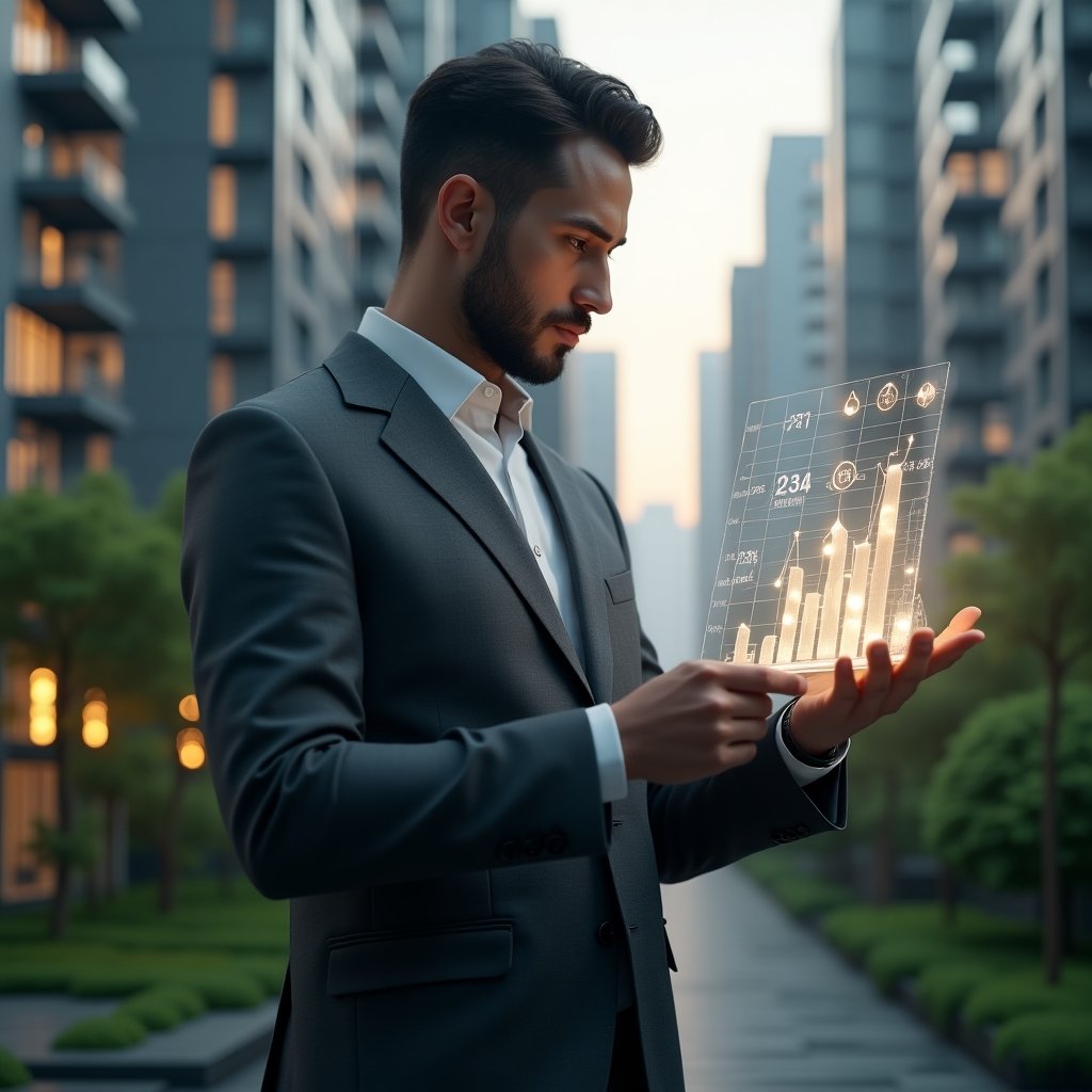 (Ultra-realistic condominium manager in a dark gray tailored suit, set in a modern luxury condominium environment with high-rise buildings and lush green landscaping, analyzing a floating holographic budget chart with glowing graphs and icons of water drops, light bulbs and currency symbols, cinematic lighting, shallow depth of field, highly detailed textures, realistic skin, photographic realism, 8k resolution --ar 1:1 --v 6)