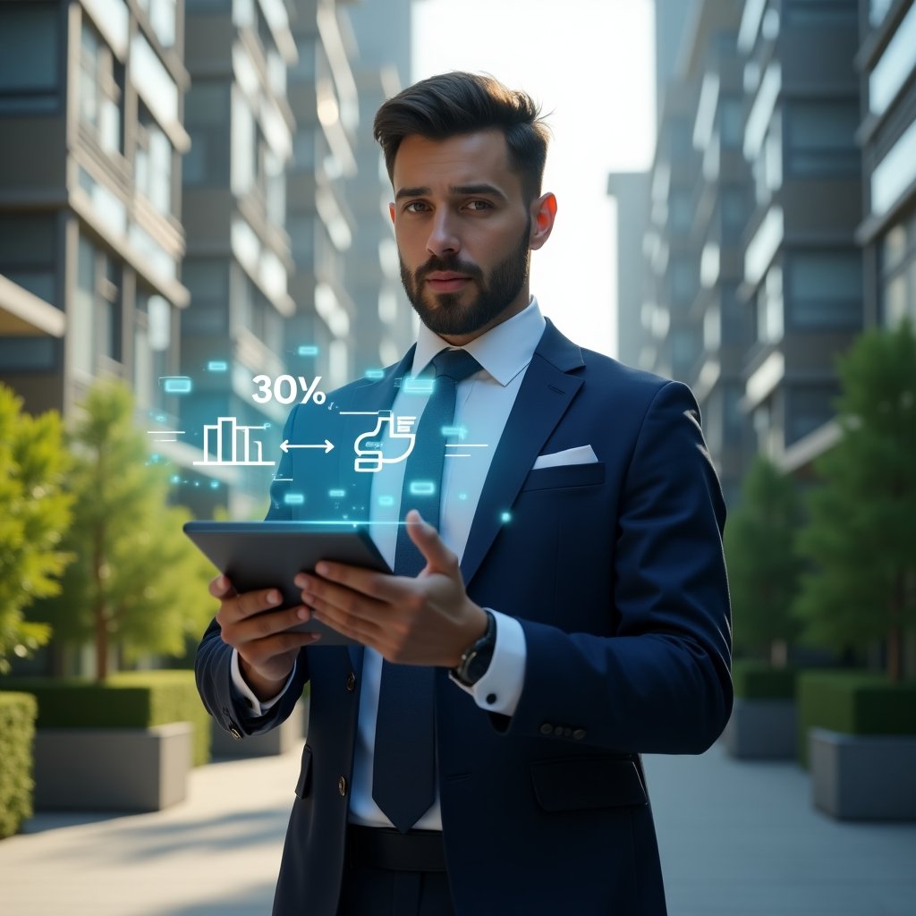 (Ultra-realistic condominium manager in a navy tailored suit, set in a modern luxury condominium environment with high-rise buildings and lush green landscaping, holding a tablet displaying a holographic dashboard showing a 30% cost reduction chart, confident and focused expression, floating UI elements representing a condominium management app with icons of chat bubbles and check marks, cinematic lighting, shallow depth of field, highly detailed textures, realistic skin, photographic realism, 8k resolution --ar 1:1 --v 6)