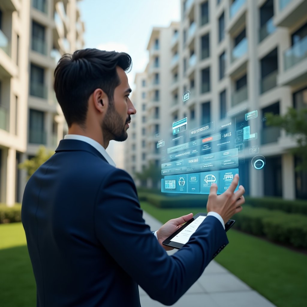 (Ultra-realistic condominium manager in a tailored navy blue suit, set in a modern luxury condominium environment with high-rise buildings and manicured green landscaping, confidently analyzing a floating holographic activity schedule of maintenance and events on a digital tablet, with hovering calendar and task icons representing organized workflows, cinematic lighting, shallow depth of field, highly detailed textures, realistic skin, photographic realism, 8k resolution --ar 1:1 --v 6)