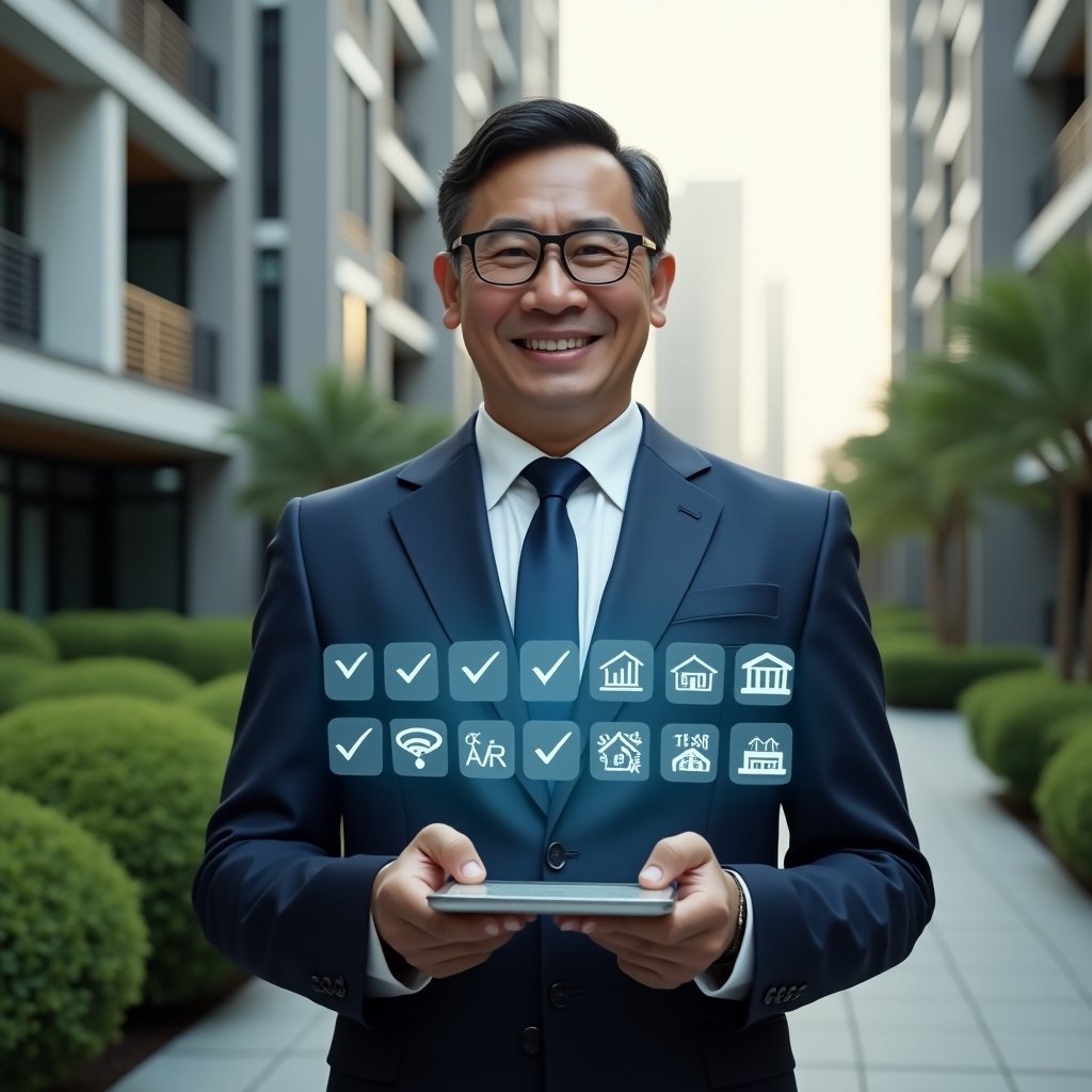 (Ultra-realistic condominium manager in a navy tailored suit, set in a modern luxury condominium environment with high-rise buildings and manicured green landscaping, holding a holographic checklist displaying ten golden rules with floating icons of handshake and home harmony, looking confident and approachable, cinematic lighting, shallow depth of field, highly detailed textures, realistic skin, photographic realism, 8k resolution --ar 1:1 --v 6)